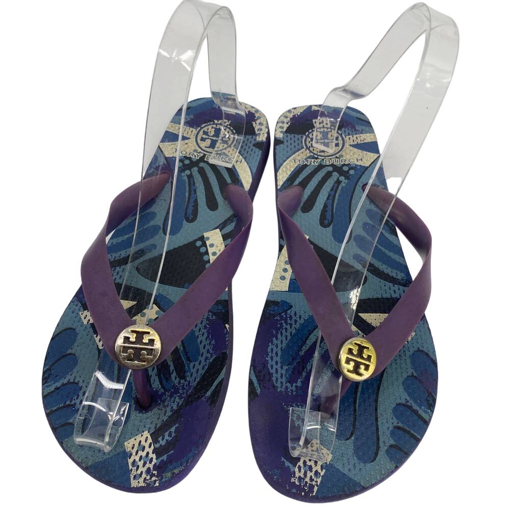 Tory Burch women 9 Blue White Rubber Slip On Thong Flat Flip Flop Shoes - Picture 2 of 4